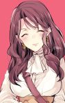  1girl brown_hair closed_eyes closed_mouth dorothea_arnault earrings fire_emblem fire_emblem:_three_houses garreg_mach_monastery_uniform jewelry long_hair naho_(pi988y) red_background simple_background smile solo twitter_username uniform upper_body 