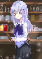  1girl bangs black_skirt blue_eyes blue_neckwear blurry blurry_background blush collared_shirt cowboy_shot eyebrows_visible_through_hair from_side gochuumon_wa_usagi_desu_ka? hair_between_eyes hair_ornament highres holding holding_plate indoors kafuu_chino long_hair long_sleeves looking_at_viewer na-code_(gurich) plate shiny shiny_hair shirt silver_hair skirt solo straight_hair white_shirt wing_collar x_hair_ornament 