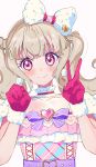  1girl aikatsu!_(series) aikatsu_on_parade! blush bow choker clenched_hand close-up earrings eyebrows_visible_through_hair fur_trim gloves hair_bow heart heart_earrings highres idol jewelry kiseki_raki light_brown_hair long_hair looking_at_viewer multicolored multicolored_eyes red_gloves short_sleeves simple_background smile solo twintails upper_body v white_background yamamura_saki 