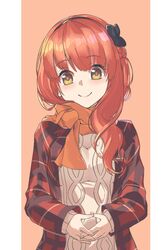  1girl alternate_costume black_hairband blush de_ruyter_(kantai_collection) eyebrows_visible_through_hair hairband jacket kantai_collection long_hair long_sleeves orange_scarf red_jacket redhead scarf smile solo sweater tiasis upper_body white_sweater yellow_eyes 