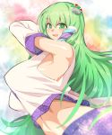  1girl armpits breasts commentary_request detached_sleeves frog_hair_ornament green_eyes green_hair hair_ornament hair_tubes highres kochiya_sanae large_breasts long_hair midriff navel open_mouth sideboob simple_background snake_hair_ornament solo touhou umigarasu_(kitsune1963) upper_body very_long_hair 