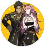  1boy 1girl belt brown_hair claude_von_riegan closed_mouth dark_skin dark_skinned_male fire_emblem fire_emblem:_three_houses garreg_mach_monastery_uniform green_eyes grin hilda_valentine_goneril long_hair long_sleeves one_eye_closed pink_eyes pink_hair short_hair simple_background smile twintails uniform v yarr 