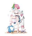 &gt;_&lt; anger_vein ball beachball bikini bikini_under_clothes blue_eyes blue_hair bow chibi commentary_request creature full_body hand_on_hip hbb high_heels highres holding_water_gun honkai_(series) honkai_impact_3rd horn leg_up liliya_olenyeva long_hair long_tail looking_at_viewer mechanical_tail off-shoulder_shirt off_shoulder pink_bow pink_hair pink_ribbon ribbon rozaliya_olenyeva sand sarong see-through shirt smile standing starfish striped striped_bikini striped_ribbon super_soaker swimsuit tail thick_eyebrows wet wet_clothes wet_shirt white_shirt