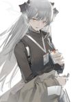  arknights bangs cigarette_box coat coat_removed horns lanyard lighter lighting_cigarette long_hair looking_to_the_side norizc platinum_blonde_hair red_eyes saria_(arknights) smoke smoking strap sweater turtleneck turtleneck_sweater 