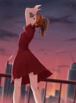  1girl 22/7 absurdres arm_up artist_name black_bow blurry blurry_background bow braid brown_hair hair_bow highres kouno_miyako long_hair outdoors ponytail profile railing red_shirt red_skirt shirt short_ponytail short_sleeves skirt solo standing sunset wattpic 