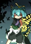  1girl antennae artist_name bloomers blue_hair blush bug butterfly butterfly_wings dress dress_lift eternity_larva gradient gradient_background hair_between_eyes highres huxiao_(mistlakefront) insect leaf leaf_on_head lifted_by_self smile solo symbol-shaped_pupils tongue tongue_out touhou underwear wings yellow_eyes 