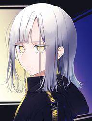  1girl bangs black_jacket closed_mouth from_side hood html jacket looking_at_viewer medium_hair notsugi_(sasasasa_oriori) original portrait silver_hair solo twitter_username yellow_eyes 