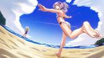  ass barefoot beach clouds commentary_request hair_ornament kagamine_rin looking_at_viewer medium_hair multiple_girls open_mouth purple_hair smile soles soon swimsuit violet_eyes vocaloid yuzuki_yukari 