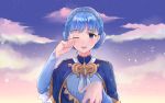  1girl blue_hair braid clouds crown_braid fire_emblem fire_emblem:_three_houses highres long_sleeves marianne_von_edmund oenothera one_eye_closed open_mouth sky solo upper_body violet_eyes 