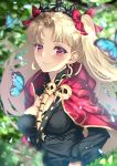  1girl animal bangs black_dress blonde_hair blurry blurry_background blush bow breasts bug butterfly cape closed_mouth commentary_request detached_sleeves dress earrings ereshkigal_(fate/grand_order) eyebrows_visible_through_hair fate/grand_order fate_(series) hair_bow infinity insect jewelry long_hair long_sleeves looking_at_viewer medium_breasts mishiro0229 parted_bangs red_bow red_cape red_eyes skull smile solo spine tiara two_side_up upper_body very_long_hair 