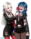  2girls artist_name blue_hair byleth_(fire_emblem) byleth_eisner_(female) crying edelgard_von_hresvelg female_my_unit_(fire_emblem:_three_houses) fire_emblem fire_emblem:_three_houses fire_emblem:_three_houses fire_emblem_16 gloves intelligent_systems lips long_hair looking_at_another my_unit_(fire_emblem:_three_houses) navel nintendo open_eyes open_mouth rayhak ribbon sad tagme tears violet_eyes white_background white_hair 