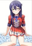  1girl arm_support bangs blue_hair blush commentary_request dress hair_between_eyes long_hair looking_at_viewer love_live! love_live!_school_idol_project red_dress shaka_(staito0515) simple_background sitting skirt smile solo sonoda_umi yellow_eyes 