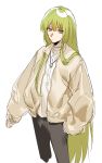  1boy alternate_costume androgynous casual contemporary cowboy_shot fate/grand_order fate_(series) green_hair jacket jewelry kingu_(fate) long_hair maka_(mksrw) male_focus necklace sleeves_past_wrists solo very_long_hair violet_eyes 
