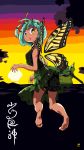  1girl antenna_hair antennae artist_name artist_request barefoot bloomers blush butterfly_wings dress eternity_larva eyebrows_visible_through_hair flying green_dress green_hair highres leaf leaf_on_head looking_at_viewer looking_back open_mouth short_hair solo sunset tan touhou underwear wings yellow_eyes 