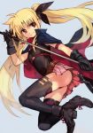  1girl absurdres arm_strap ass bangs bardiche belt black_cape black_gloves black_legwear blonde_hair boots cape fate_testarossa frown gloves grey_background hair_ribbon hankuri highres holding holding_weapon long_hair looking_to_the_side lyrical_nanoha mahou_shoujo_lyrical_nanoha mahou_shoujo_lyrical_nanoha_the_movie_1st parted_bangs pink_skirt red_eyes ribbon scythe simple_background skirt solo thigh-highs twintails very_long_hair weapon 