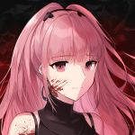  1girl blood blood_on_face closed_mouth earrings fire_emblem fire_emblem:_three_houses hilda_valentine_goneril jewelry long_hair oenothera pink_hair ponytail portrait solo 