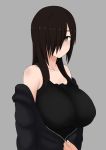  1girl absurdres bare_shoulders black_clothes black_hair blush breasts brown_eyes collarbone commentary_request grey_background hair_over_one_eye highres huge_breasts long_hair looking_at_viewer nao_(ritsancrossover) original raised_eyebrows simple_background solo_focus unzipping 