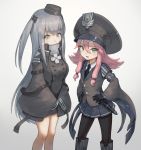  2girls 88_flak_(ash_arms) arms_at_sides ash_arms bolbbangbbang boots commentary_request gloves green_eyes grey_hair hair_between_eyes hat looking_at_viewer military military_hat military_uniform multiple_girls necktie open_mouth pantyhose pink_hair simple_background trench_coat uniform white_background 