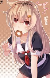  1girl absurdres black_ribbon blonde_hair blush cookie food gradient gradient_background gradient_hair hair_flaps hair_ornament hair_ribbon hairclip hibiki_zerocodo highres kantai_collection long_hair looking_at_viewer messy_hair multicolored_hair neckerchief pleated_skirt red_eyes remodel_(kantai_collection) ribbon school_uniform skirt solo translation_request yuudachi_(kantai_collection) 