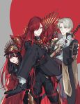  1boy 2girls :p anger_vein armor black_gloves black_hair brown_hair cape carrying crossover dual_persona fate/grand_order fate_(series) gloves hair_over_one_eye hat heshikiri_hasebe instocklee japanese_armor katana koha-ace long_hair multiple_girls oda_nobunaga_(fate) oda_nobunaga_(fate)_(all) oda_nobunaga_(maou_avenger)_(fate) princess_carry red_eyes redhead shako_cap sheath sheathed shoulder_armor sode sword tongue tongue_out touken_ranbu very_long_hair violet_eyes weapon white_gloves 