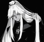  1boy amakusa_shirou_(fate) cassock cross cross_necklace dark_skin dark_skinned_male fate/apocrypha fate_(series) greyscale hair_tousle hand_in_hair japanese_clothes jewelry long_hair maka_(mksrw) male_focus monochrome necklace ponytail solo 