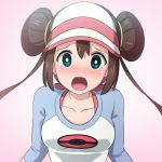  1girl blue_eyes blush breasts brown_hair commentary_request double_bun kayama_kenji long_hair looking_at_viewer mei_(pokemon) open_mouth pokemon pokemon_(game) pokemon_bw2 simple_background solo twintails visor_cap 