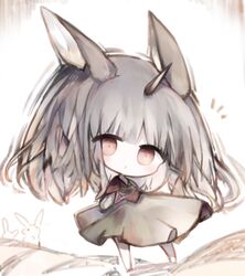  1girl :o animal animal_ears bangs barefoot black_skirt blush brown_eyes chibi commentary_request cottontailtokki full_body grey_hair horn long_hair moon_al-mi&#039;raj notice_lines parted_lips rabbit shadowverse skirt solo standing very_long_hair 