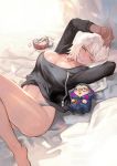  1girl alarm_clock breasts broken caster_(fate/zero) character_doll clock fate/grand_order fate_(series) highres jeanne_d&#039;arc_(alter)_(fate) jeanne_d&#039;arc_(fate)_(all) lack large_breasts on_bed one_eye_closed panties pillow sunlight underwear waking_up white_hair yellow_eyes 