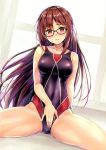  1girl absurdres arm_behind_back bangs black-framed_eyewear black_swimsuit breasts brown_hair collarbone competition_swimsuit consort_yu_(fate) covered_navel eyebrows_visible_through_hair fate/grand_order fate_(series) glasses gradient_hair hair_between_eyes highres kotatsu_(kotatsu358) long_hair looking_at_viewer medium_breasts multicolored_hair one-piece_swimsuit parted_lips purple_hair red_eyes shiny shiny_hair sitting solo spread_legs sweatdrop swimsuit very_long_hair 