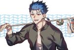  1boy black_jacket blue_hair character_doll cu_chulainn_(fate)_(all) fang fate/stay_night fate_(series) flag flagpole gilgamesh highres jacket kotomine_kirei lancer long_hair maka_(mksrw) male_focus ponytail red_eyes solo tsum-tsum 