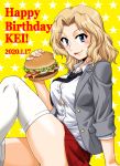  1girl :p black_neckwear blazer blonde_hair blue_eyes breasts bursting_breasts character_name commentary dated dress_shirt emblem english_text food girls_und_panzer grey_jacket hair_intakes hamburger happy_birthday holding holding_food jacket kay_(girls_und_panzer) leg_up licking_lips long_hair long_sleeves loose_necktie miniskirt necktie oosaka_kanagawa open_clothes open_jacket pleated_skirt red_skirt saunders_(emblem) saunders_school_uniform school_uniform shirt skindentation skirt sleeves_rolled_up solo star starry_background thigh-highs tongue tongue_out white_legwear white_shirt wing_collar yellow_background 