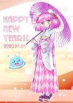  1girl 2020 absurdres aqua_eyes blush blush_stickers braid closed_mouth commentary_request crown_braid dated double_bun fan full_body green_eyes happy_new_year highres holding holding_umbrella japanese_clothes japanese_flag kimono kyoutsuugengo mao_(precure) new_year open_mouth oriental_umbrella paper_fan pearl_earrings pink_hair precure prunce_(precure) shoes smile star_twinkle_precure umbrella yuni_(precure) 