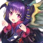  1girl black_dress blush claw_pose dragon_girl dragon_wings dress eyebrows_visible_through_hair fang fire_emblem fire_emblem:_the_sacred_stones fire_emblem_heroes fur_trim hair_between_eyes hair_ribbon hairband halloween_costume hands_up highres long_hair long_sleeves looking_at_viewer manakete myrrh_(fire_emblem) open_mouth purple_hair revision ribbon simple_background solo topia twintails upper_body violet_eyes white_background wings yellow_ribbon 