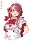  1girl alternate_costume blue_eyes blush bow ebifurya enmaided gloves hair_ribbon hand_on_hip highres kantai_collection kawakaze_(kantai_collection) long_hair low_twintails maid maid_headdress open_mouth puffy_short_sleeves puffy_sleeves red_bow red_ribbon redhead ribbon short_sleeves sidelocks simple_background solo twintails twitter_username white_background white_gloves 