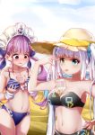 2girls absurdres between_breasts breast_grab breasts bubble_tea bubble_tea_challenge collarbone commentary drill_hair grabbing hair_ornament hair_ribbon hat heterochromia highres hololive kagura_mea kagura_mea_channel large_breasts maid_headdress minato_aqua multiple_girls navel ribbon sky straw_hat swimsuit twin_drills twintails violet_eyes virtual_youtuber 