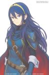  1girl artist_name bangs belt blue_cape blue_dress blue_eyes blue_gloves blue_hair breasts brown_belt cape commentary dress english_commentary fire_emblem fire_emblem_awakening gloves hair_between_eyes long_hair long_sleeves looking_at_viewer lucina lucina_(fire_emblem) marfrey pauldrons sidelocks simple_background small_breasts smile solo tiara upper_body white_background 