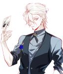  1boy blue_eyes card corsage earrings eyeliner fate/grand_order fate_(series) holding holding_card jewelry karna_(fate) looking_at_viewer maka_(mksrw) makeup male_focus photo_(object) ring solo upper_body veset waistcoat wavy_hair white_hair 