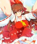  1girl armpits ascot bow breasts brown_hair detached_sleeves frilled_bow frills hair_bow hair_tubes hakurei_reimu highres large_breasts long_hair outstretched_arms paw_print red_bow red_shirt red_skirt ribbon-trimmed_sleeves ribbon_trim shirt skirt skirt_set smile touhou umigarasu_(kitsune1963) very_long_hair wide_sleeves yellow_eyes 