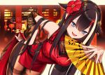  1girl alternate_costume azur_lane bangs black_hair black_legwear blue_eyes breasts china_dress chinese_clothes commentary_request deutschland_(azur_lane) dress fan fang flower folding_fan hair_flower hair_ornament highres holding holding_fan lantern leaning_forward long_hair looking_at_viewer medium_breasts multicolored_hair open_mouth pantyhose paper_fan paper_lantern red_dress seigetsu_kotaku sidelocks skin_fang smile solo standing streaked_hair thighband_pantyhose translation_request very_long_hair 