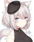 1girl animal_ear_fluff animal_ears ayuanlv bare_shoulders beret black_headwear black_shirt blue_eyes braid breasts cat_ears cat_girl cat_tail closed_mouth collarbone expressionless final_fantasy final_fantasy_xiv french_braid hat large_breasts looking_at_viewer miqo&#039;te mole mole_under_eye shirt short_hair silver_hair sleeveless sleeveless_shirt solo tail tail_raised tilted_headwear upper_body 
