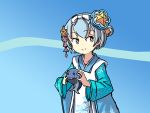  1girl 1other adrian_ferrer alternate_costume apron blue_background blue_hair blue_kimono commentary cowboy_shot double_bun english_commentary hair_ornament japanese_clothes kantai_collection kimono little_blue_whale_(kantai_collection) print_kimono samuel_b._roberts_(kantai_collection) short_hair star star_hair_ornament whale white_apron yellow_eyes 