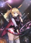  1girl absurdres animal_ears arknights bangs black_cape black_gloves blonde_hair breasts cape gloves highres holding jacket long_hair looking_at_viewer medium_breasts nayamer open_mouth red_cape red_eyes skirt sky smile solo sora_(arknights) thigh-highs twintails white_legwear 