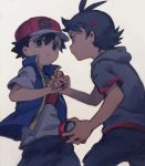  2boys baseball_cap black_hair black_pants blue_vest commentary_request dark_skin dark_skinned_male eye_contact gou_(pokemon) grey_shirt hair_ornament hairclip hat highres holding holding_another&#039;s_arm holding_poke_ball kurage2535 looking_at_another male_focus multiple_boys pants poke_ball poke_ball_(generic) pokemon pokemon_(anime) pokemon_swsh_(anime) satoshi_(pokemon) shirt simple_background spiky_hair surprised sweat vest wavy_eyes white_background white_shirt 