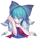  1girl blue_bow blue_eyes blue_hair blush bow cirno cropped_torso crying hair_between_eyes hair_bow highres ice ice_wings one_eye_closed puffy_short_sleeves puffy_sleeves red_scarf scarf short_sleeves simple_background solo ssangbong-llama touhou upper_body white_background wings 