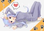  1girl :d animal_ear_fluff animal_ears arms_up bangs barefoot blue_hair blush cat_ears cat_girl cat_tail commentary_request crescent crescent_hair_ornament eighth_note eyebrows_visible_through_hair full_body grey_jacket grey_pants hair_ornament heart jacket kantai_collection knees_up long_hair long_sleeves looking_at_viewer lying musical_note on_back open_mouth pants signature smile solo sou_(soutennkouchi) spoken_heart tail track_jacket track_pants track_suit translated very_long_hair yayoi_(kantai_collection) 