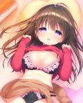  1girl ahoge bangs black_bra black_panties blush bow bow_bra bow_panties bra breasts brown_hair brown_skirt commentary_request eyebrows_visible_through_hair hair_between_eyes hair_ornament hairclip hands_up heart heart_pillow highres large_breasts long_hair long_sleeves looking_at_viewer lying navel on_back original panties parted_lips pillow red_shirt ribbon-trimmed_bra ribbon-trimmed_panties shirt shirt_lift skirt skirt_lift sleeves_past_wrists solo sweat underwear usashiro_mani very_long_hair violet_eyes 
