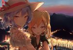  2girls :d alternate_costume bangs black_shirt blonde_hair blue_hair blush casual commentary_request contemporary crystal dusk flandre_scarlet hat hat_ribbon highres lens_flare looking_at_viewer mountain mountainous_horizon multiple_girls no_hat no_headwear one_side_up open_mouth outdoors pink_eyes pink_ribbon pointy_ears remilia_scarlet ribbon sakusyo shirt short_hair siblings sisters smile touhou upper_body wings 