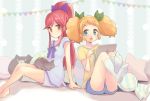  2girls :o aikatsu! aikatsu!_(series) arm_support bare_legs barefoot bed bedroom blonde_hair blouse blue_eyes blue_shorts bow brown_eyes cat cat_on_lap closed_mouth commentary feet_up green_bow hair_bow indoors ipad long_hair looking_at_another looking_at_viewer multiple_girls on_bed open_mouth otoshiro_seira pillow ponytail purple_blouse purple_bow purple_shorts quro_(black_river) redhead saegusa_kii shirt shorts sideways_glance sitting sitting_on_bed smile socks star stuffed_animal stuffed_toy t-shirt tablet_pc twintails white_legwear wrapped_candy yellow_shirt 