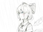 1girl asutora blue_eyes bow cirno closed_mouth eyebrows_visible_through_hair hair_between_eyes hair_bow ice ice_wings looking_away monochrome rain short_hair solo tears touhou upper_body wet wet_clothes wings 