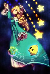  1girl bangs blonde_hair blue_dress blue_eyes blush chiko_(mario) crown dress earrings expressionless frills full_body hair_over_one_eye jewelry lips long_hair long_sleeves looking_up super_mario_bros. poo princess rosalina solo star super_mario_galaxy wand wide_sleeves 